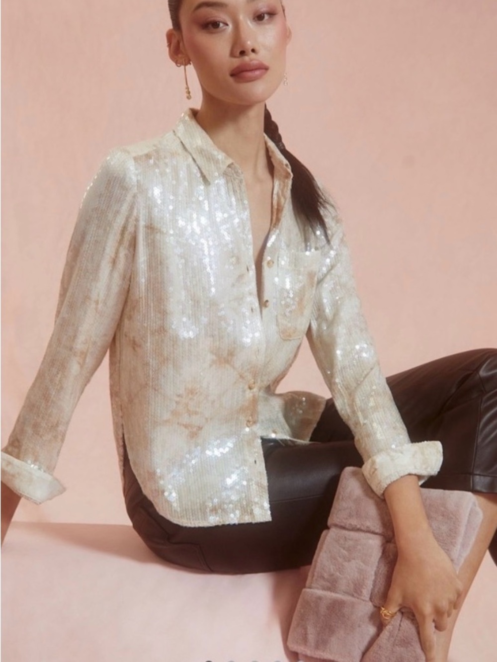 Pilcro Sequin Long-Sleeve Button-Up Blouse - Cream XS